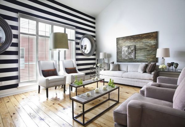 A black and white striped living room