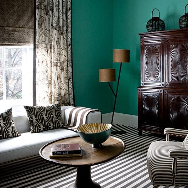 A bright teal living room