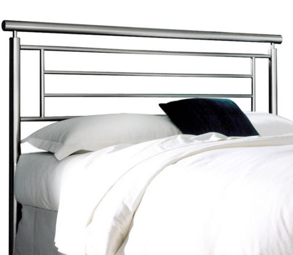 A brushed satin metal headboard