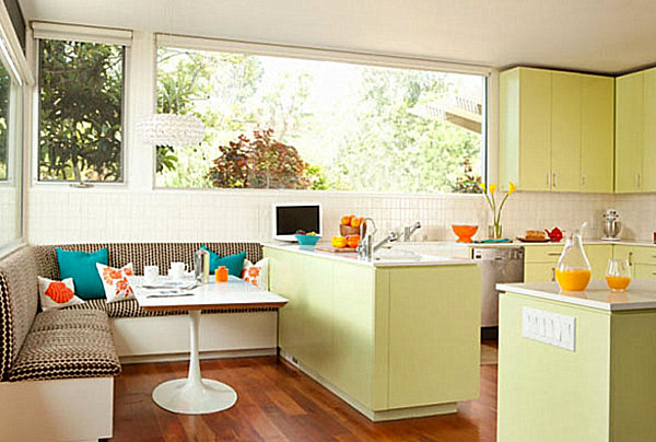 A colorful kitchen and dining area