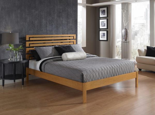 A modern wooden platform bed