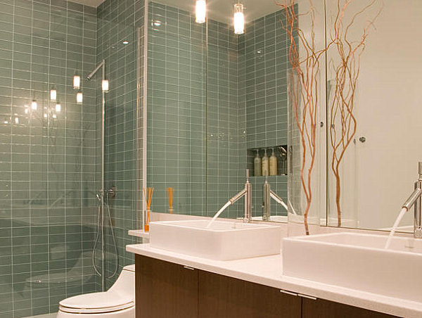 A small pendant light fixture in a contemporary bathroom