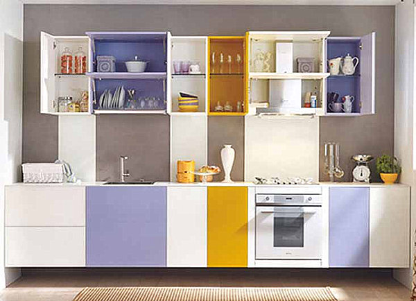 A yellow and lavender kitchen