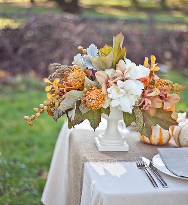 An autumn tabletop floral arrangement