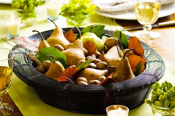 Autumn tablescape with pears, apples and leaves