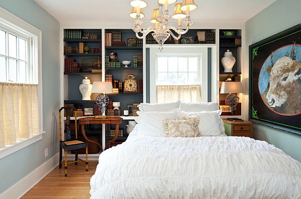 Bedroom with shelves at the bottom of the bed