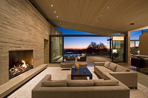 Contemporary living room with rammed earth texture wall