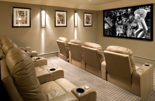 Eclectic styled Home Theater Room in cool neutral gray