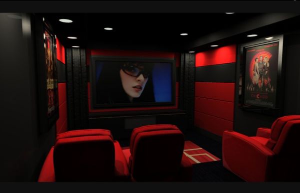 Fashionable Media Room Interiors in bright red and black