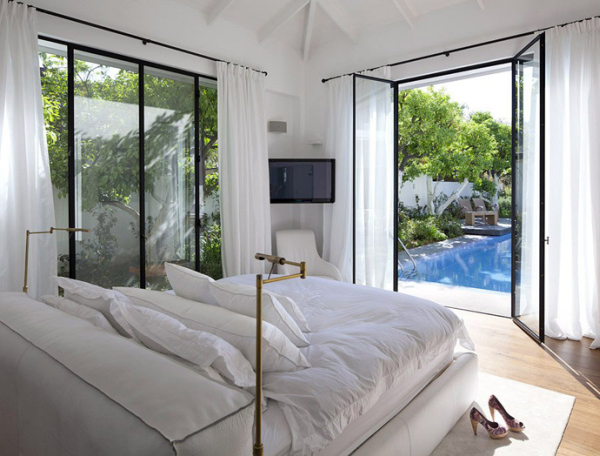 Glass Private House - all white bedroom with garden view