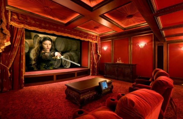 Grand and Vivacious Home Theater Room clad in Velvet Scarlet