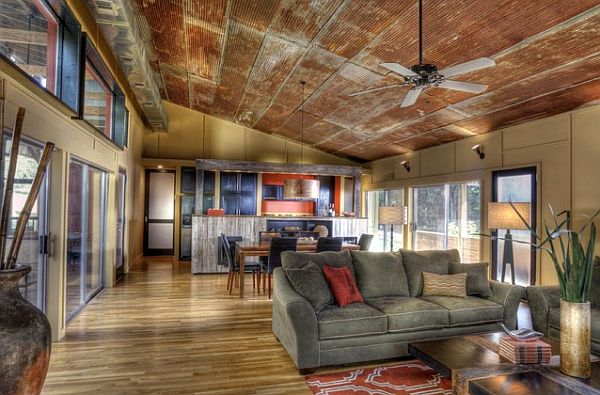 Living room design with rusty metal ceiling