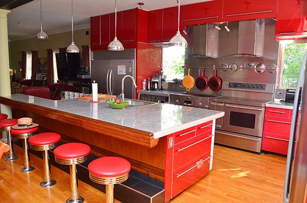 Modern kitchen with red cabinets