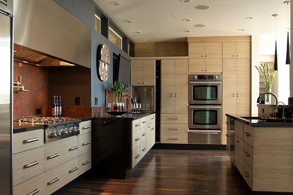 Modern wood texture cabinets in the kitchen