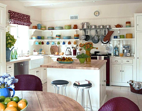 Open shelving in a bright kitchen