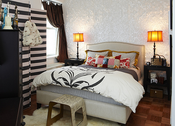 Small Rental Apartment - fancy bedroom design with black and white stripes