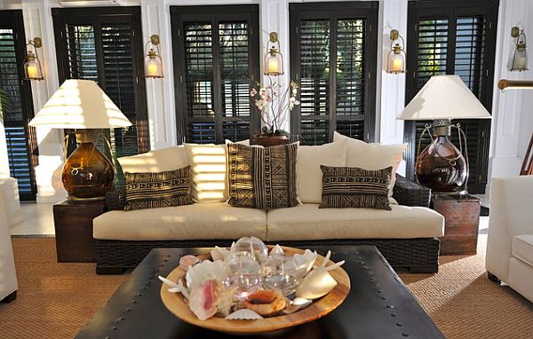 asian style living room with black interior shutters