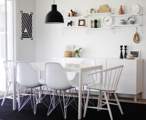 casual black and white dining room