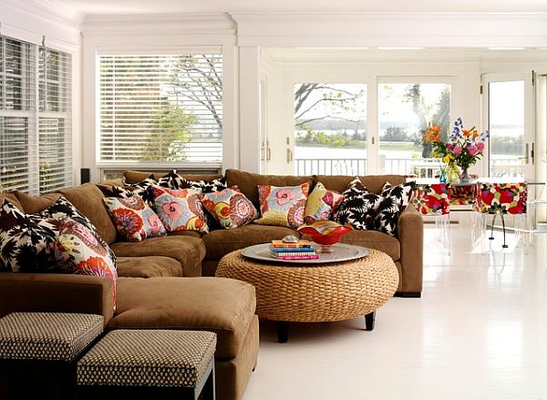 cozy living room with rattan coffee table