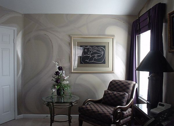 Fancy platinum wall paint with plum and black textiles