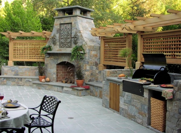 fireplace and outdoor summer kitchen