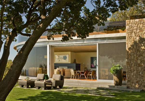 living area with round glass walls