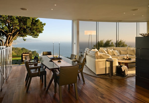 living room and dining area with stunning views