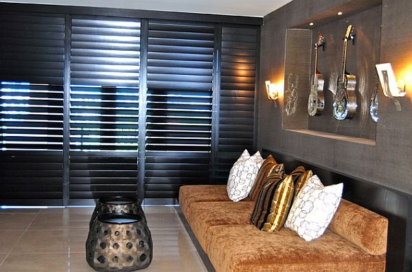 living room with modern interior shutters