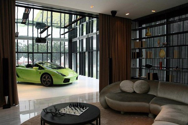 penthouse living room with a car indoors