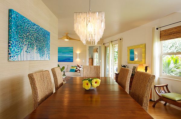 rattan chairs in colorful dining room