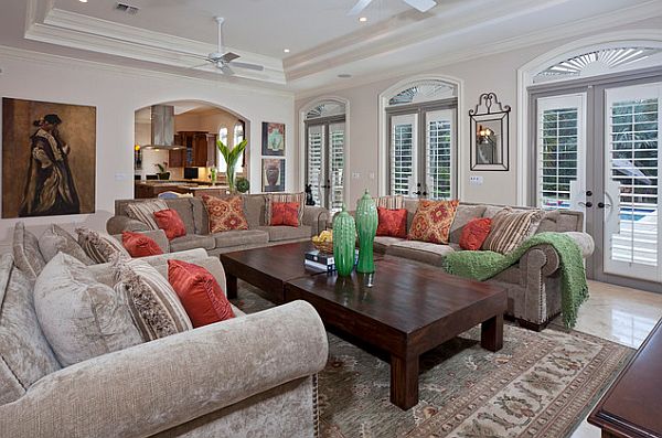 traditional living room with interior shutters