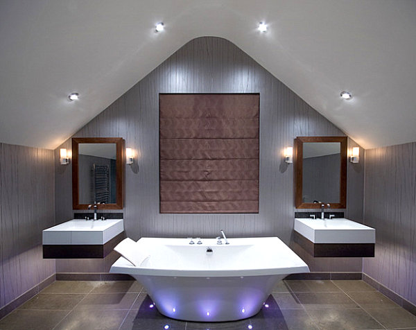 A bathroom with a statement tub