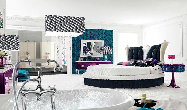A jewel-toned luxury bedroom