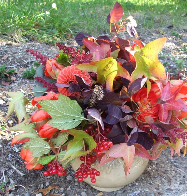 A vase bursting with fall flowers