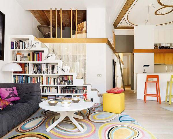 Appealing modern staircase in white with beautifully integrated shelves