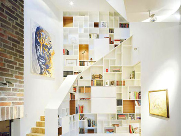 Artistic stair shelves add beauty to the living room