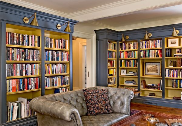 Bermuda blue home library housing a Chesterfield Sofa