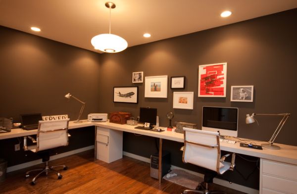 Clean and elegant home office in dark colors and light decor