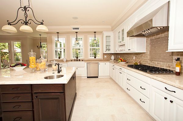 Coffee colored kitchen with fancy backsplash design