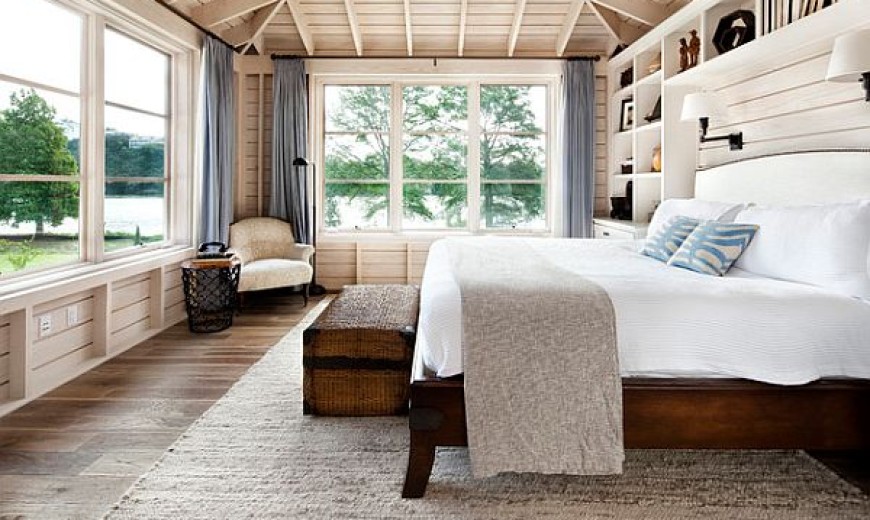 Country modern bedroom with wooden bed frame