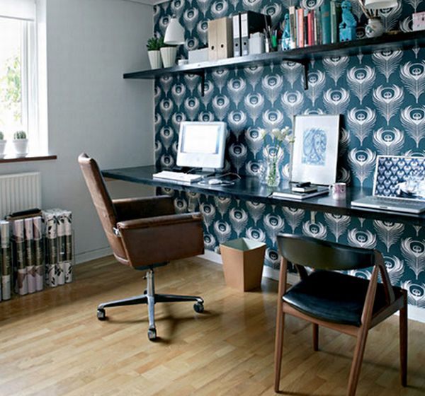 Cozy home office in bright blue and with ample space