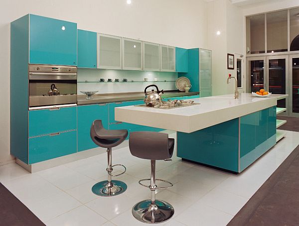 Custom built glossy blue and white kitchen design