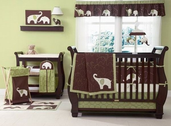 Dynamic-green-and-brown-baby-bedding-set-for-girls-with-elephant-imagery