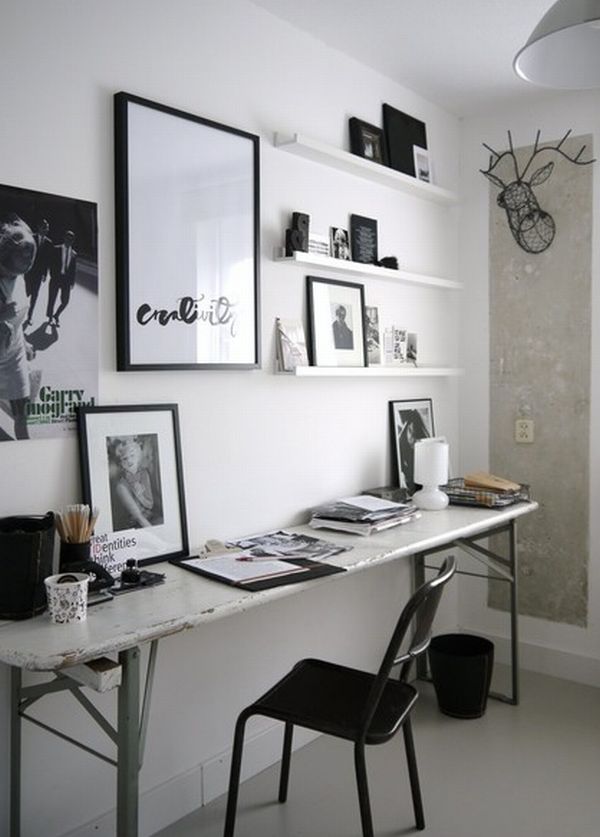 Eclectic Home Office with gorgeous floating shelves