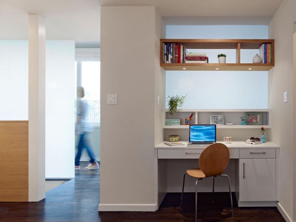 Efficient modern work space with gorgeous open wooden shelves on top