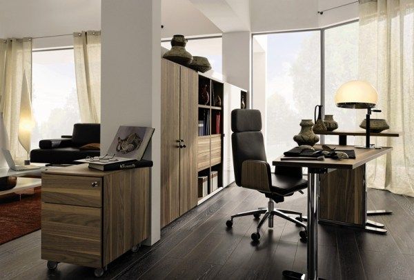 Elegant home office clad in brown wooden surface