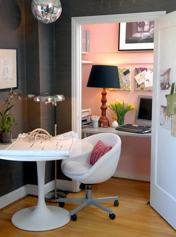 Entire home work station housed in a pretty pink closet