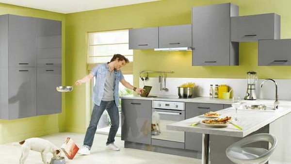 Ergonomic Lemon green and gray kitchen with stylish coutertops from Conforama 2012 Kitchen Collection