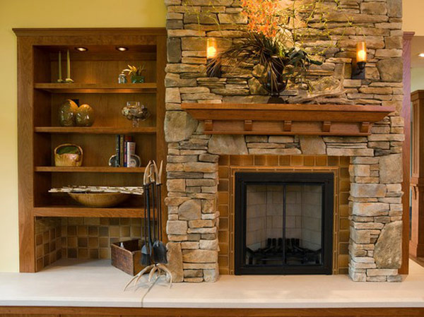 Graceful fireplace with a matching wooden shelf