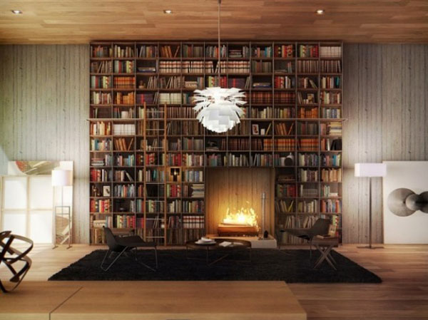 Home Library with an integrated fireplace